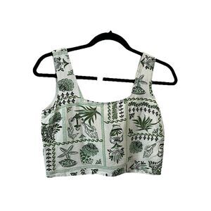 Midnight Sky Cream Green Seashell Floral Tropical Beachy Flax Crop Tank Top XS